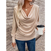 Women's V-neck Pile Collar Solid Color Knitted Long Sleeve Loose T-shirt - kinko